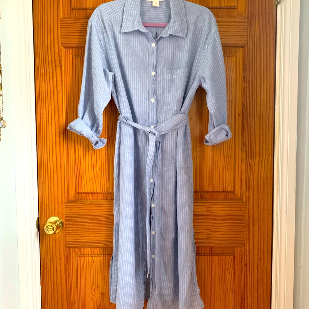 H&M pinstripe light blue shirt dress linen blend L